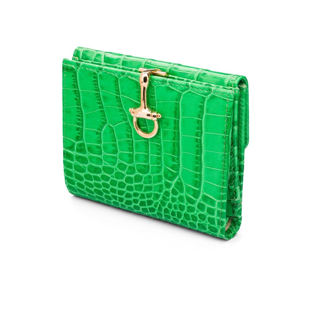 Leather purse with equestrain clasp, emerald croc, front