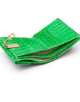 Leather purse with equestrain clasp, emerald croc, inside