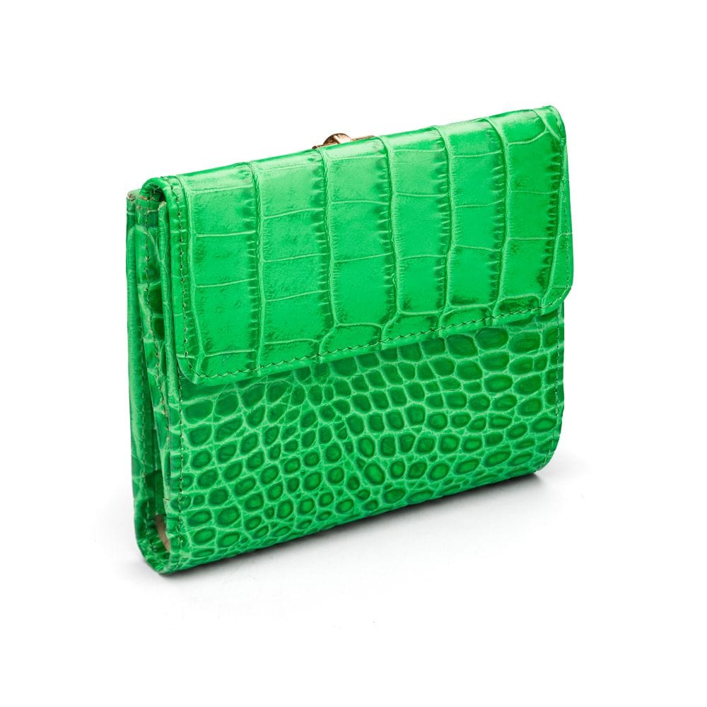 Leather purse with equestrain clasp, emerald croc, back