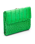 Leather purse with equestrain clasp, emerald croc, back