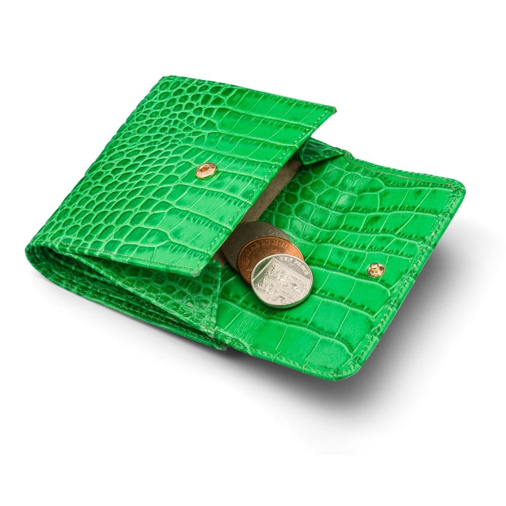 Leather purse with equestrain clasp, emerald croc, coin purse