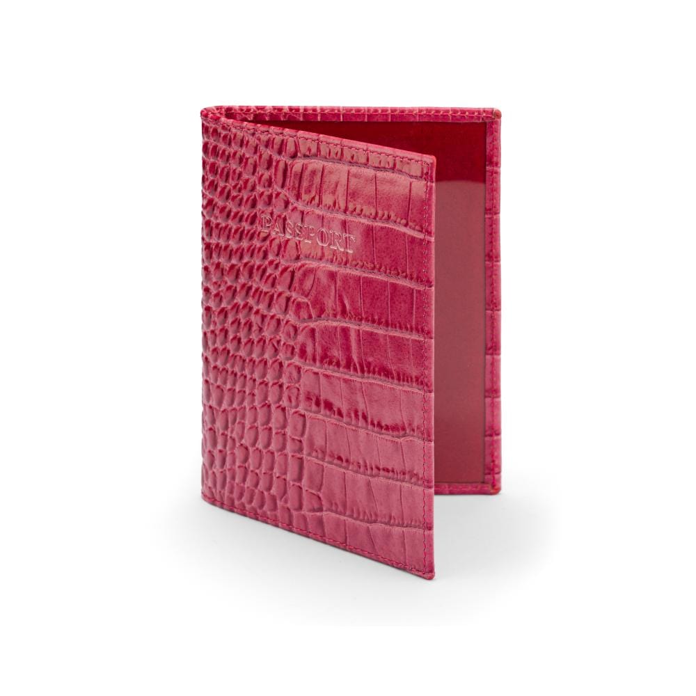 Luxury leather passport cover, cerise pink croc, front