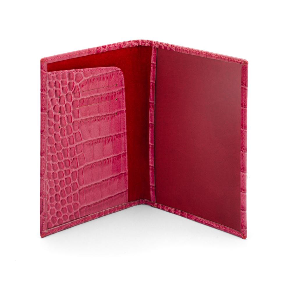 Luxury leather passport cover, cerise pink croc, inside