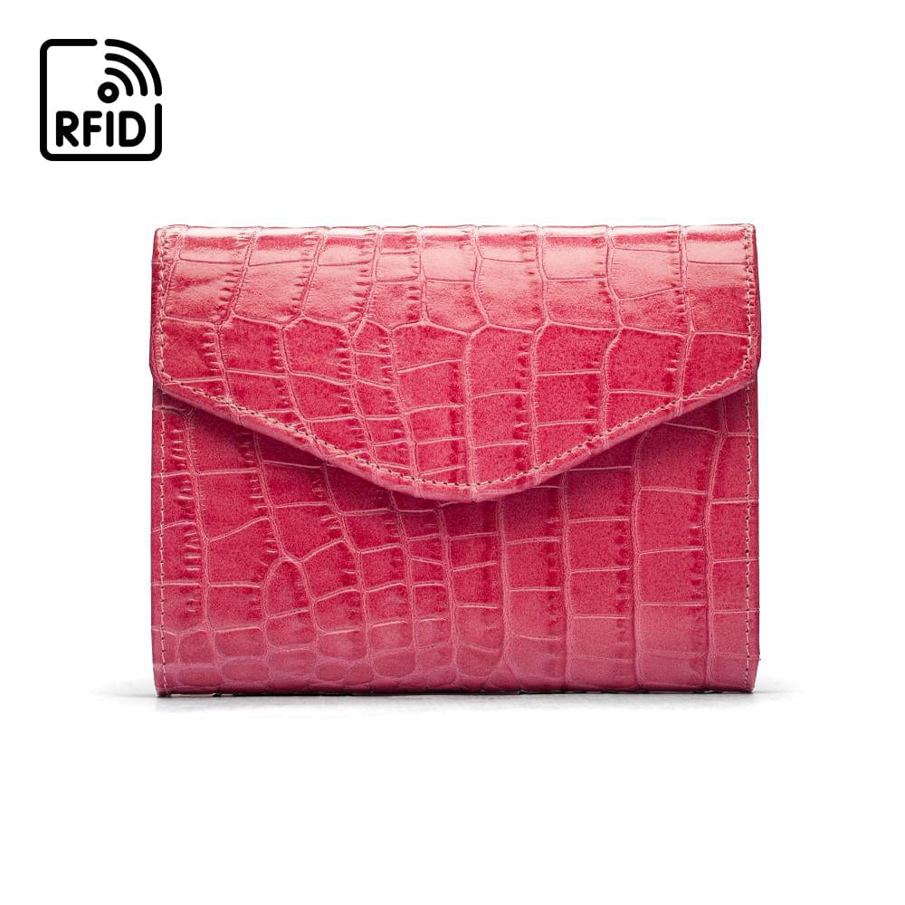 RFD Large leather purse with 15 CC, cerise pink croc, front