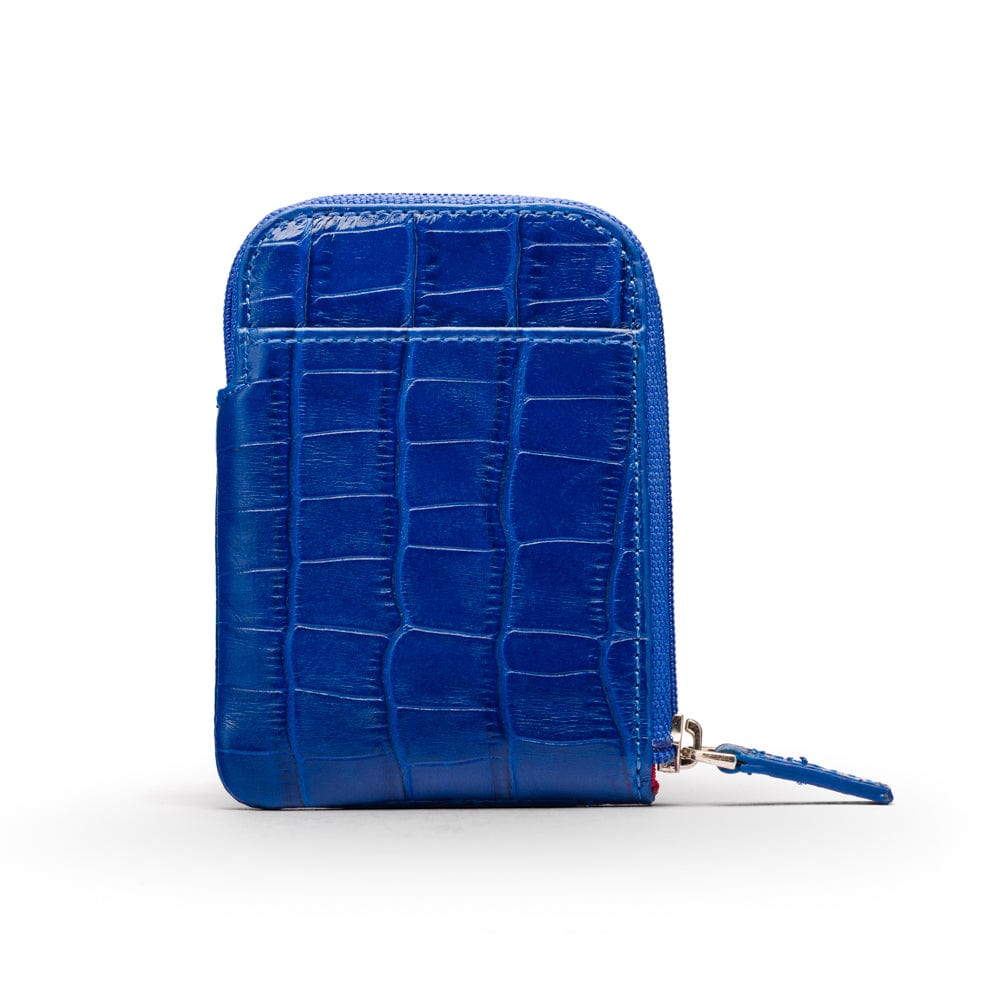 Leather card case with zip, cobalt croc, front