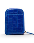 Leather card case with zip, cobalt croc, front