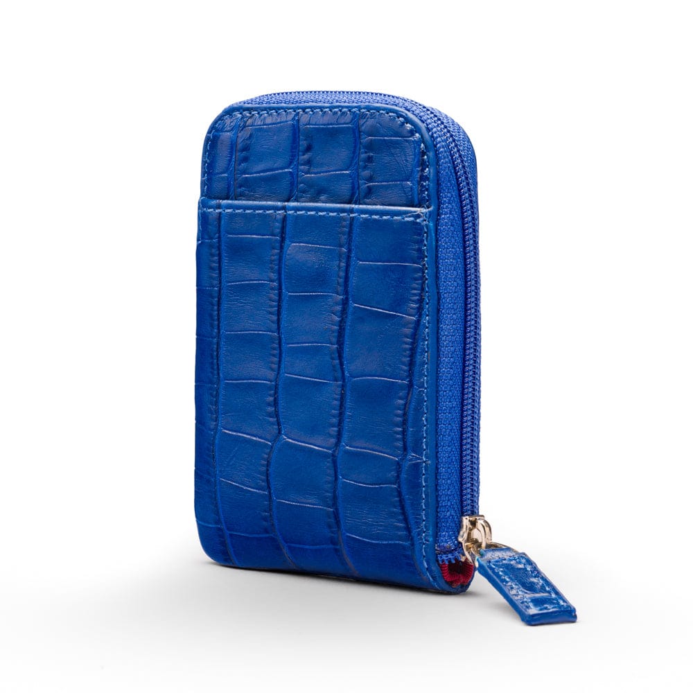 Leather card case with zip, cobalt croc, front view