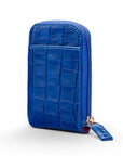 Leather card case with zip, cobalt croc, front view