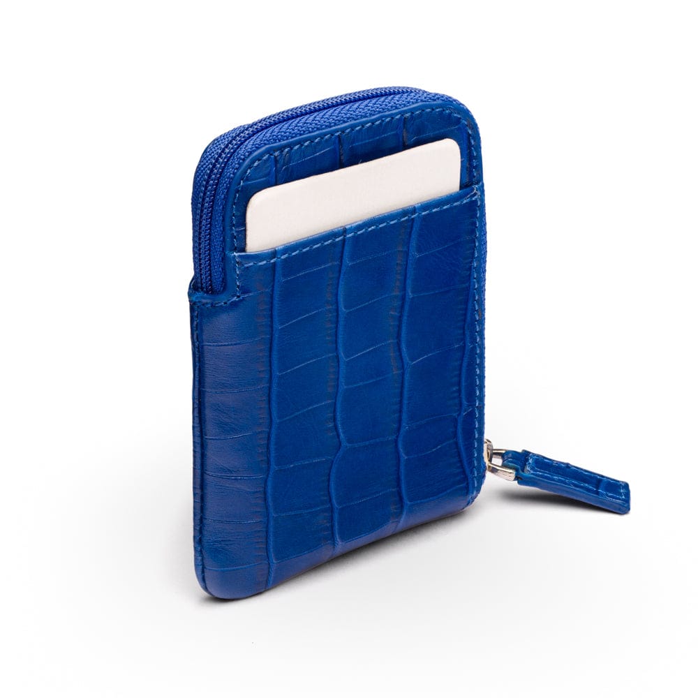 Leather card case with zip, cobalt croc, back
