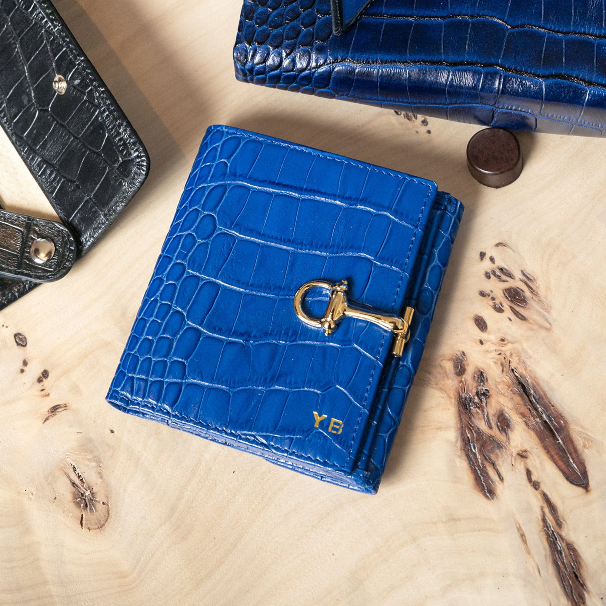 Leather Tara purse, cobalt croc, lifestyle view, personalised