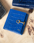 Leather Tara purse, cobalt croc, lifestyle view, personalised