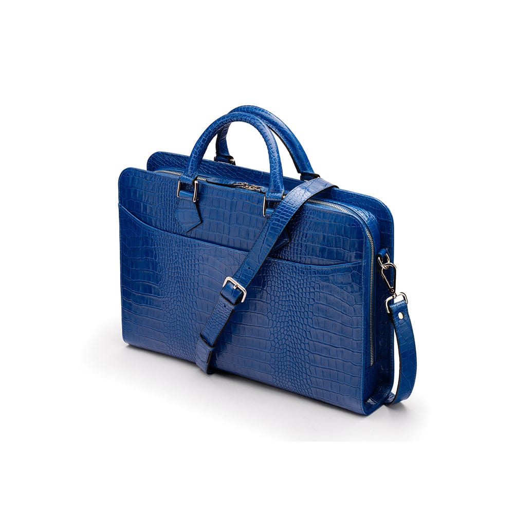 Leather Trinity 13" laptop briefcase, cobalt croc, side