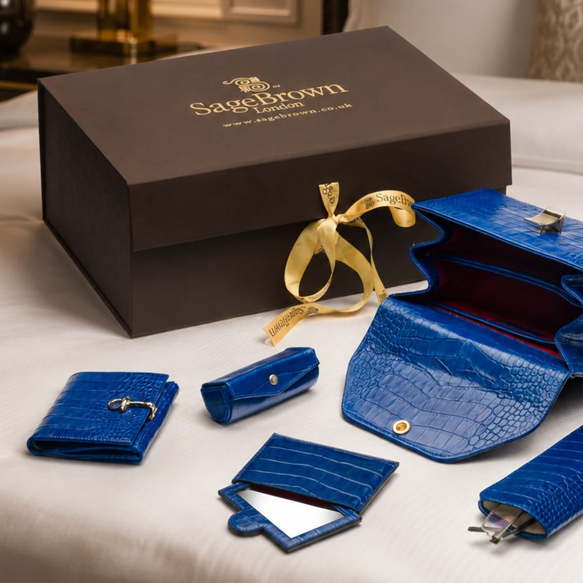 Leather lipstick holder, cobalt croc, lifestyle