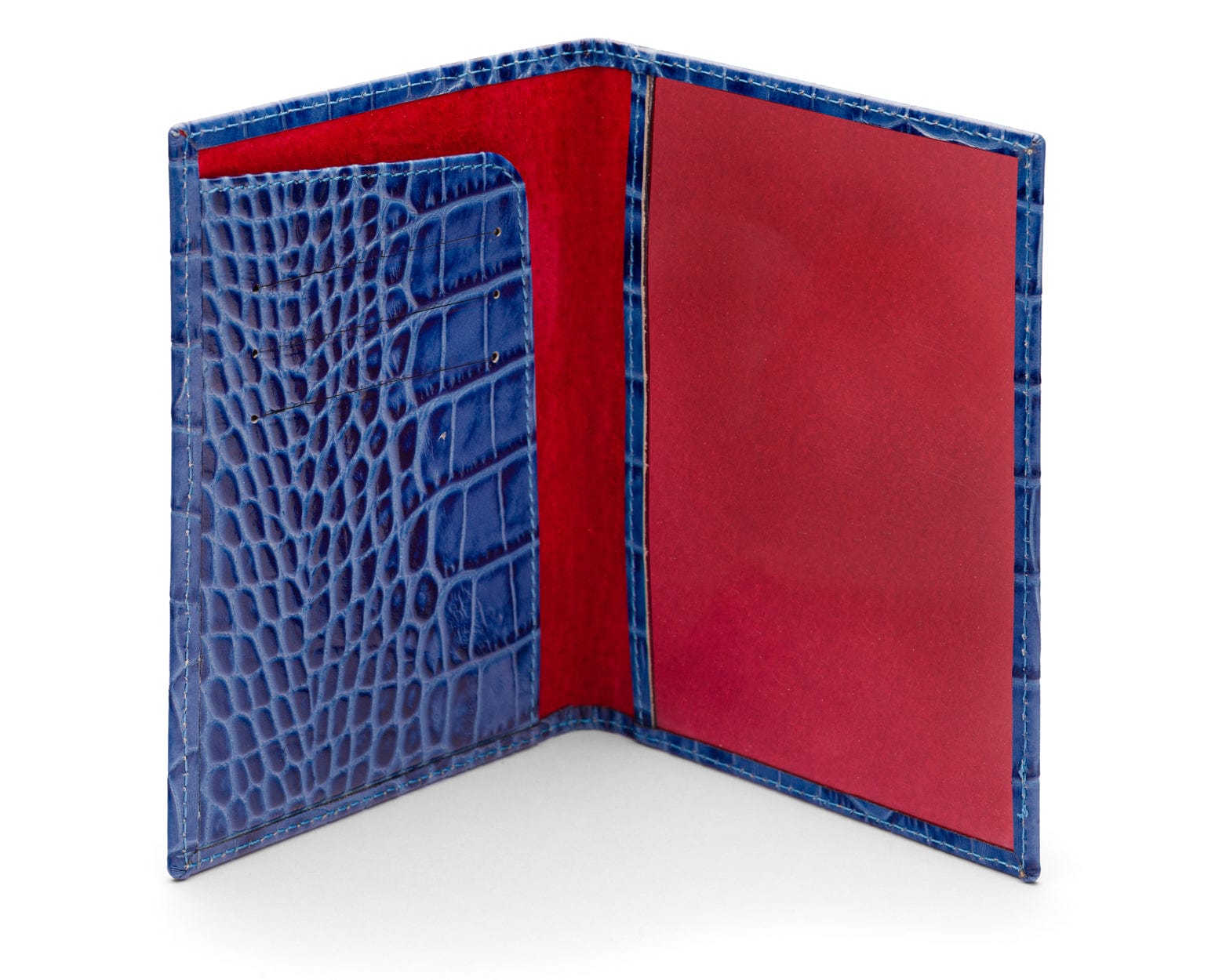 Luxury leather passport cover, cobalt croc. inside