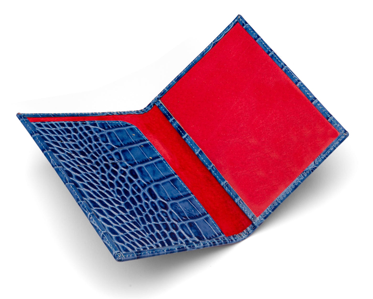 Luxury leather passport cover, cobalt croc, open