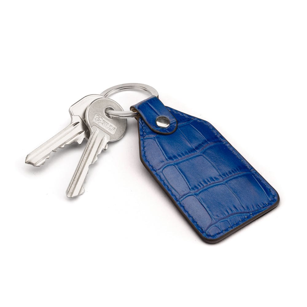 Rectangular leather key fob, cobalt croc, front view