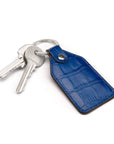 Rectangular leather key fob, cobalt croc, front view