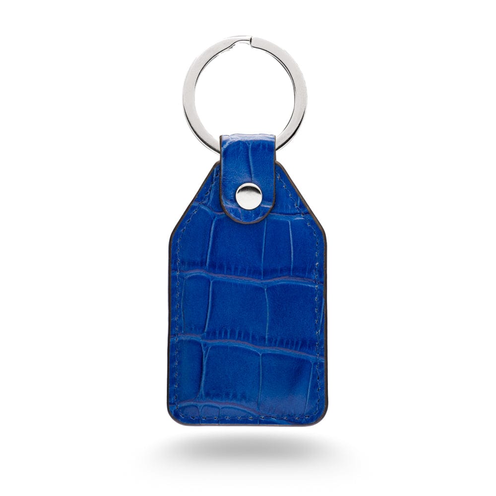 Rectangular leather key fob, cobalt croc, front view