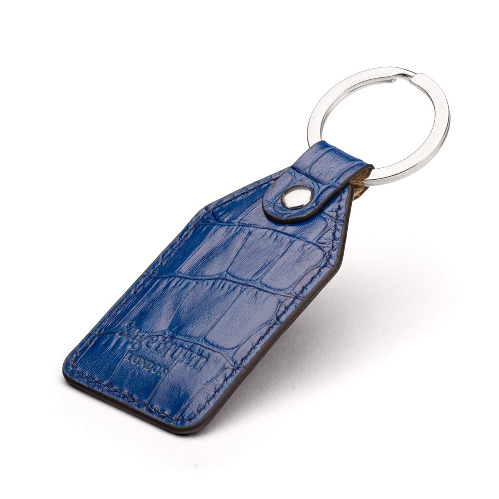 Rectangular leather key fob, cobalt croc, back