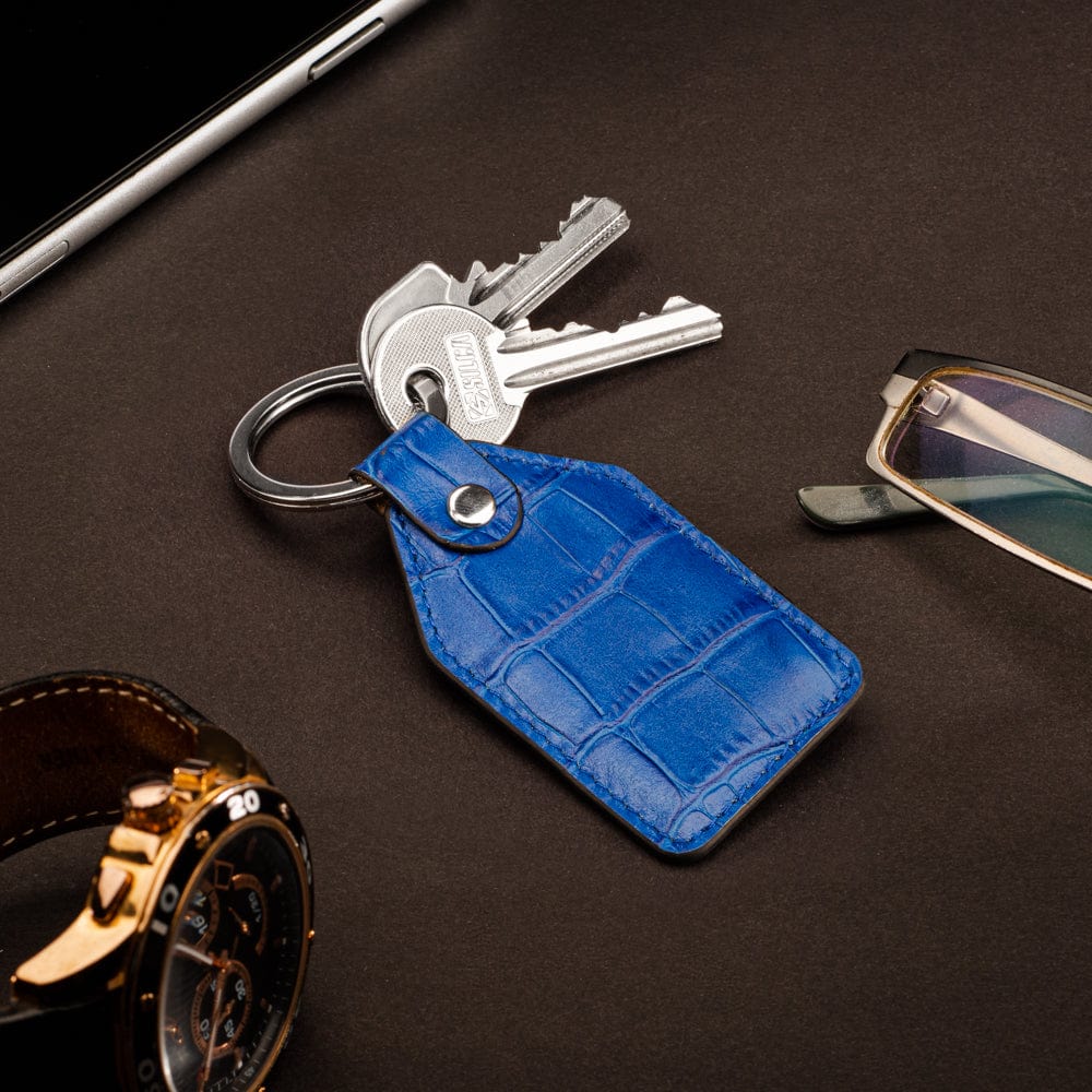 Rectangular leather key fob, cobalt croc, lifestyle