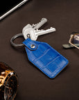 Rectangular leather key fob, cobalt croc, lifestyle