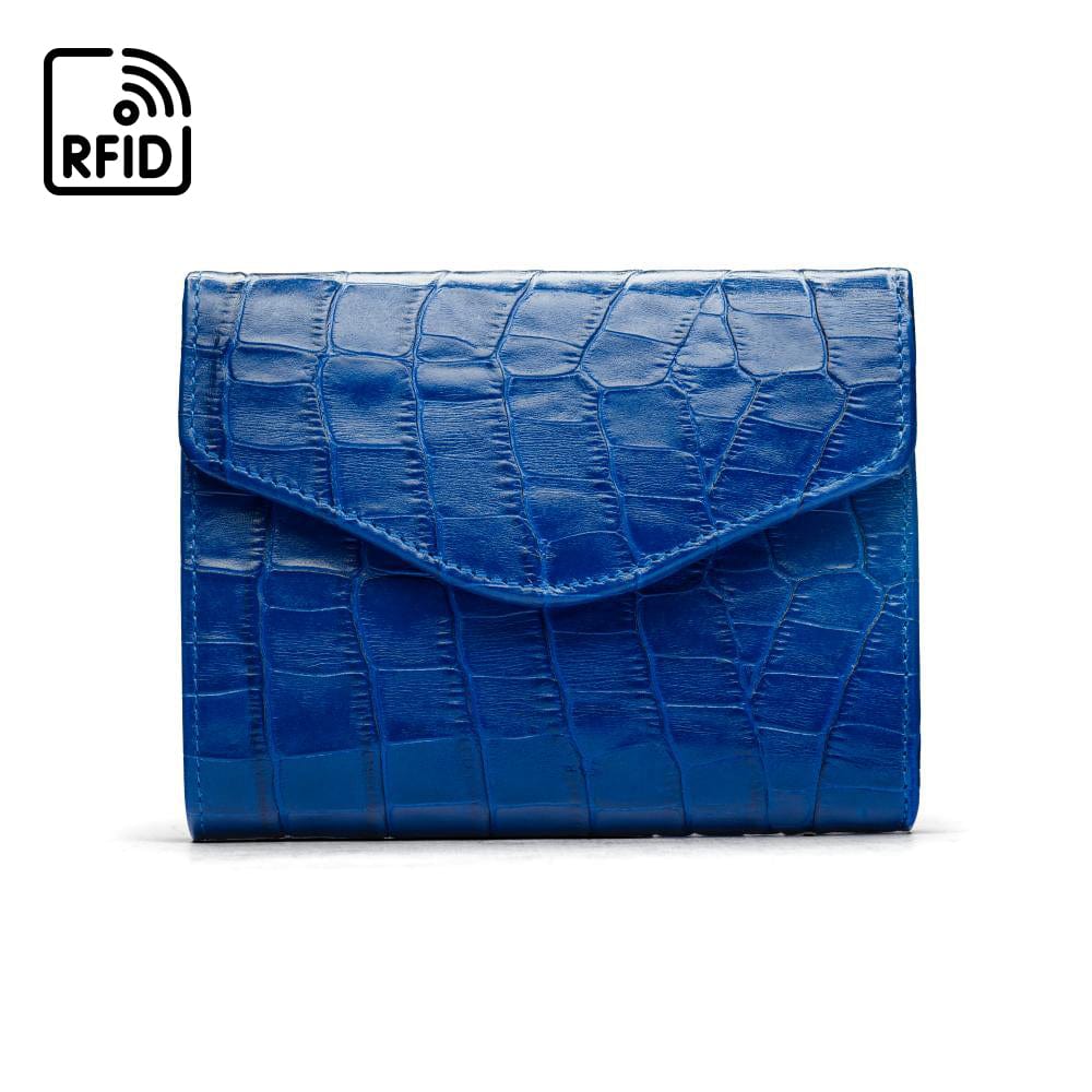 RFID Large leather purse with 15 CC, cobalt croc, front