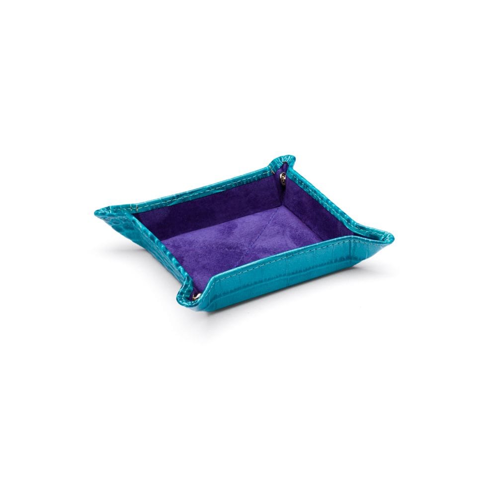 Small leather valet tray, turquoise croc