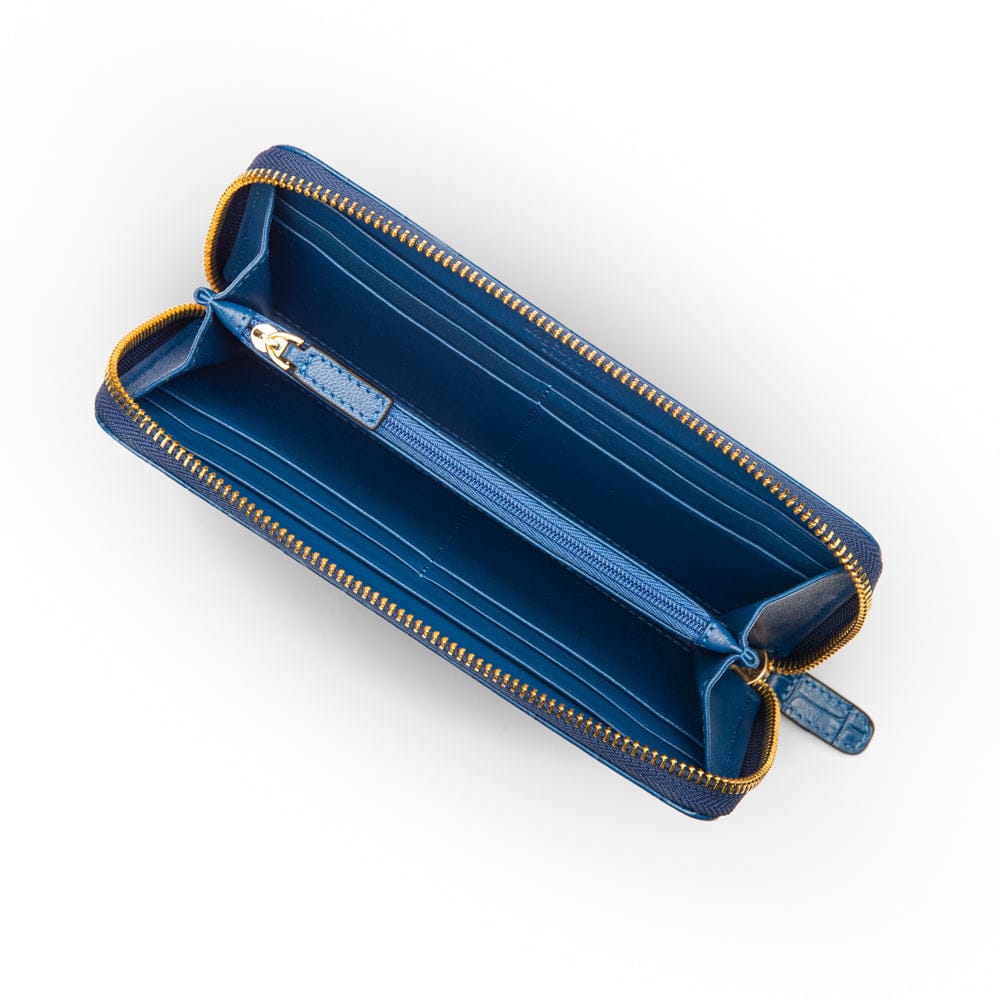 Tall leather zip around concertina purse, cobalt croc, inside