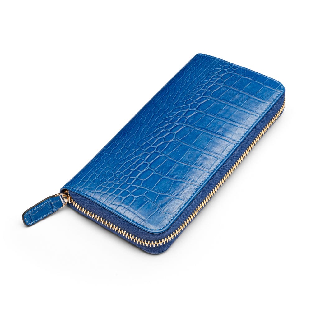 Tall leather zip around concertina purse, cobalt croc, front