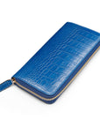 Tall leather zip around concertina purse, cobalt croc, front