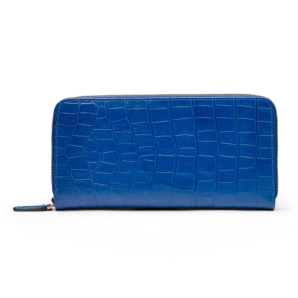 Tall leather zip around concertina purse, cobalt croc, back