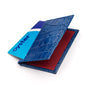 Leather travel card wallet, cobalt croc with red, front