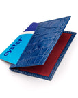 Leather travel card wallet, cobalt croc with red, front