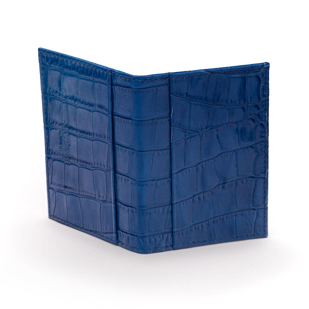 Leather travel card wallet, cobalt croc with red, back
