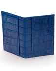 Leather travel card wallet, cobalt croc with red, back