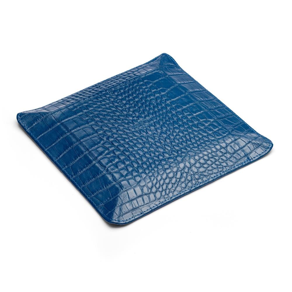 Leather valet tray, cobalt croc with red, back