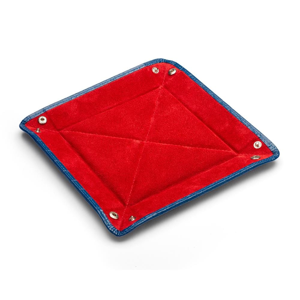 Leather valet tray, cobalt croc with red, flat