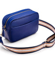 Leather cross body camera bag, cobalt, side