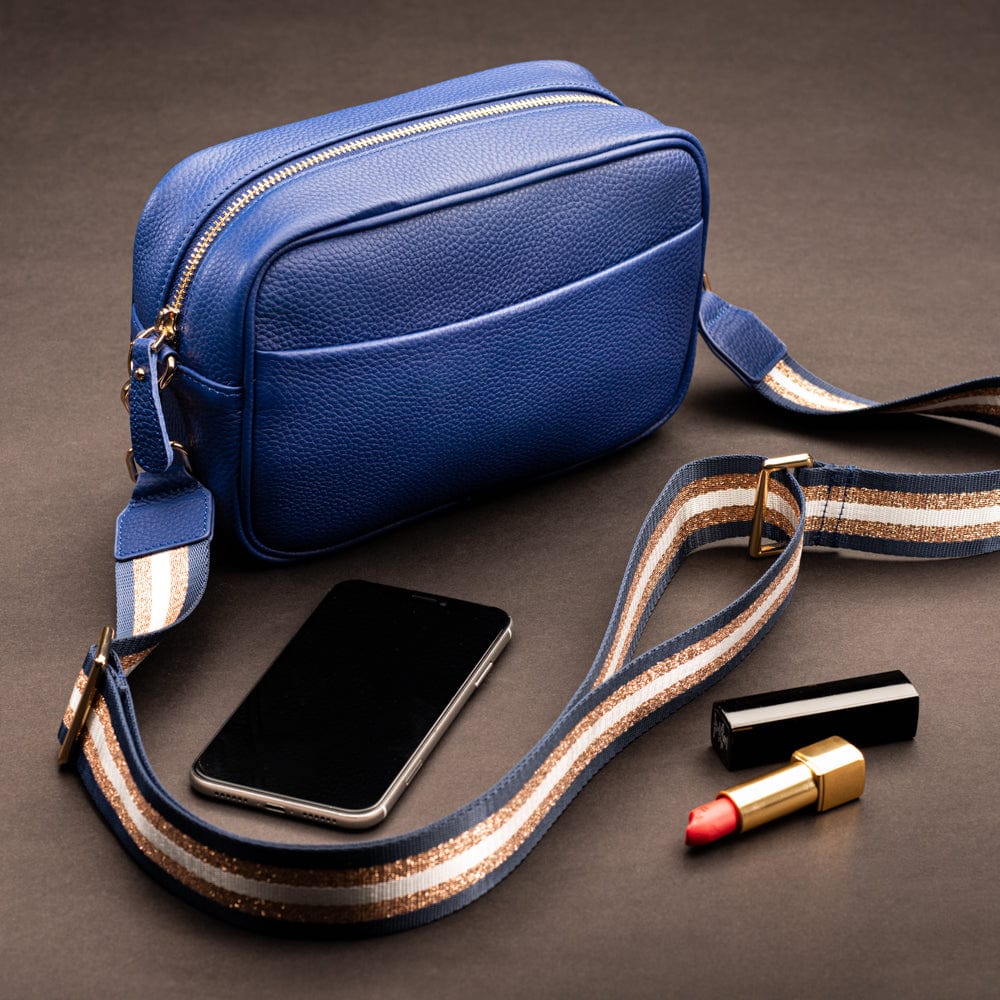 Leather cross body camera bag, cobalt, lifestyle
