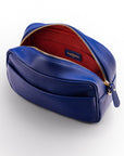 Leather cross body camera bag, cobalt, front inside