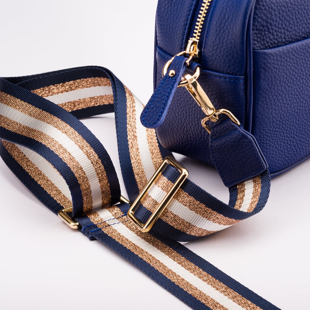 Leather cross body camera bag, cobalt, strap