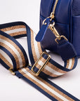 Leather cross body camera bag, cobalt, strap