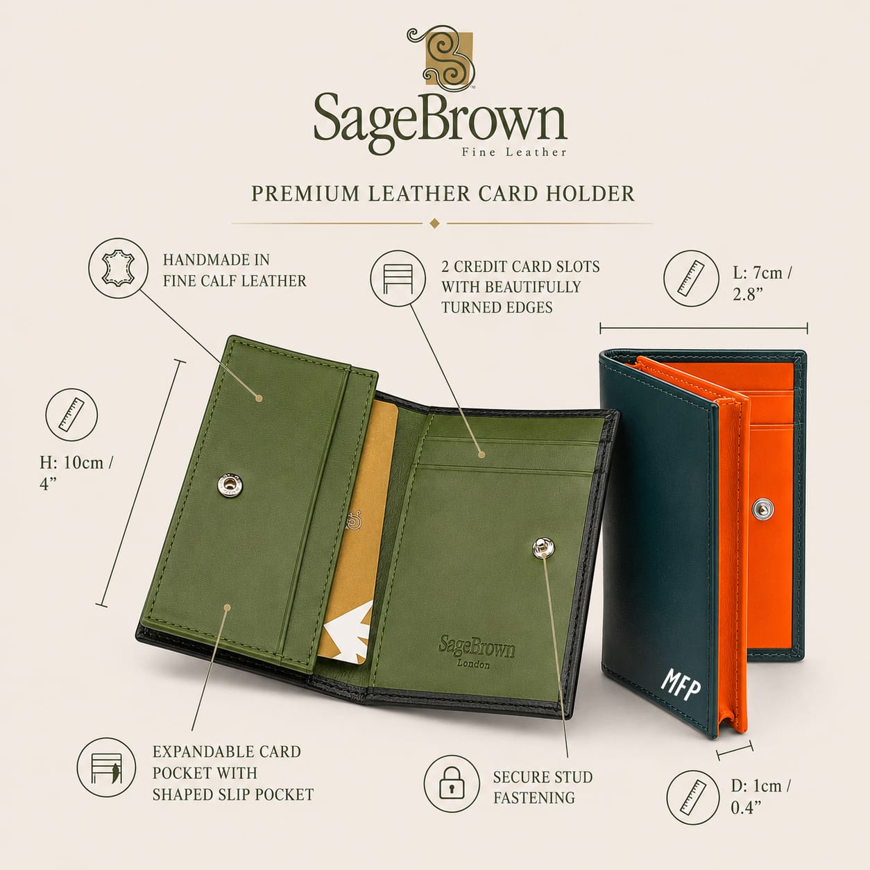 Expandable business card holder features and dimensions