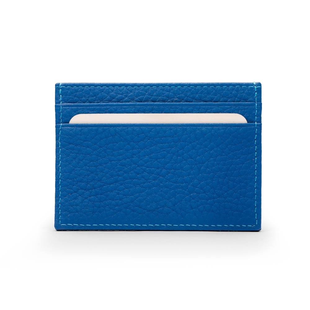 Flat leather credit card wallet 4 CC, cobalt pebble grain, front