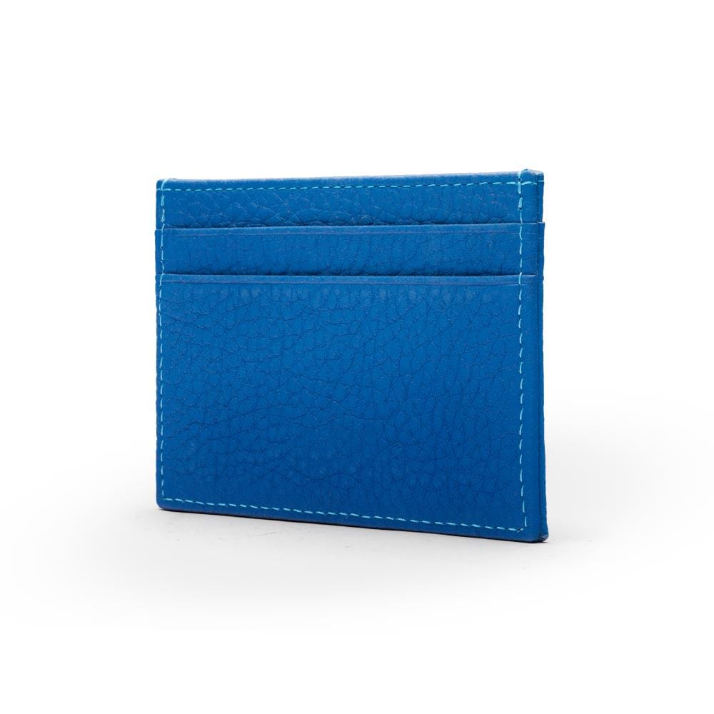 Flat leather credit card wallet 4 CC, cobalt pebble grain, side