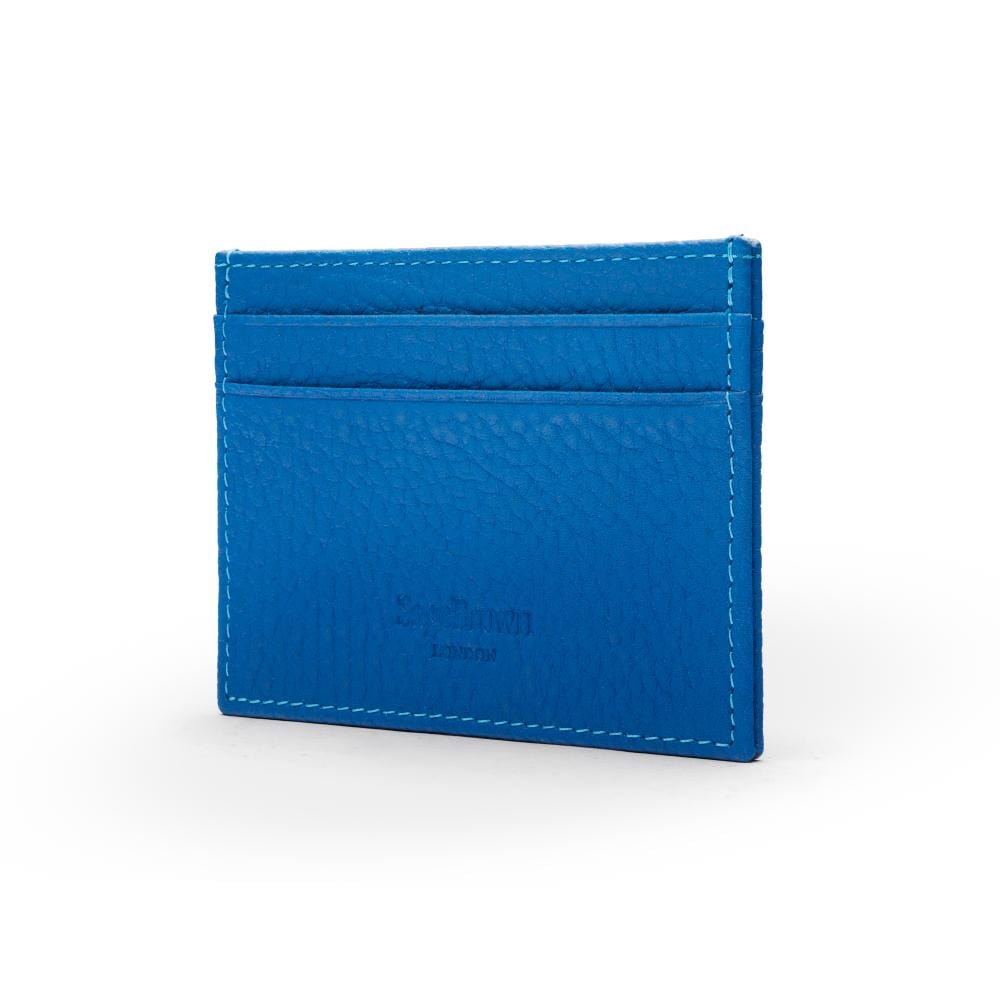 Flat leather credit card wallet 4 CC, cobalt pebble grain, back