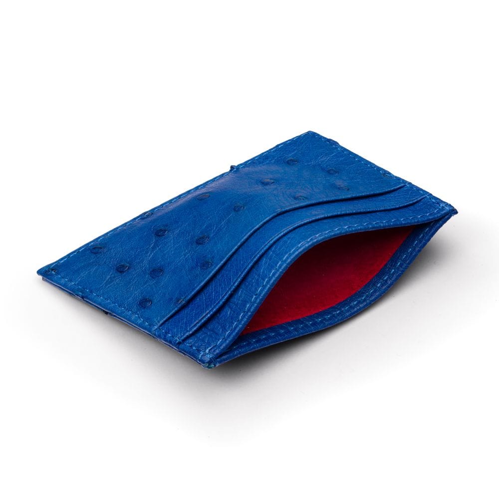 Flat ostrich leather credit card case, cobalt blue ostrich leather, front