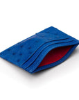 Flat ostrich leather credit card case, cobalt blue ostrich leather, front