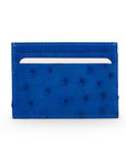 Flat ostrich leather credit card case, cobalt blue ostrich leather, front