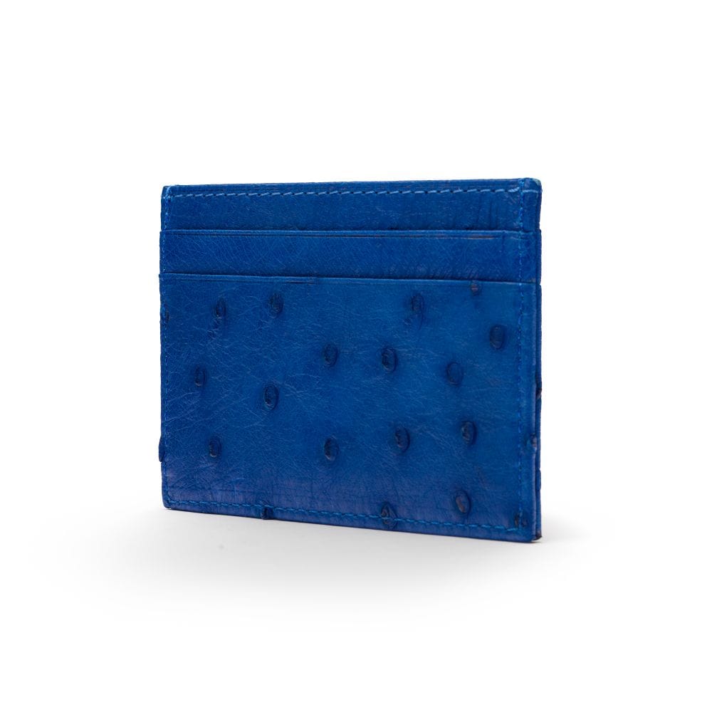 Flat ostrich leather credit card case, cobalt blue ostrich leather, side